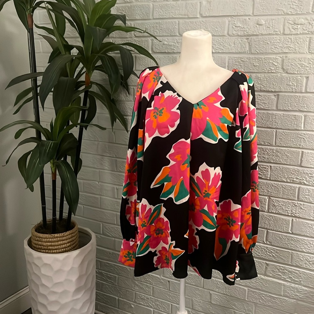 Entro Black Blouse with Pink and Green Floral Design